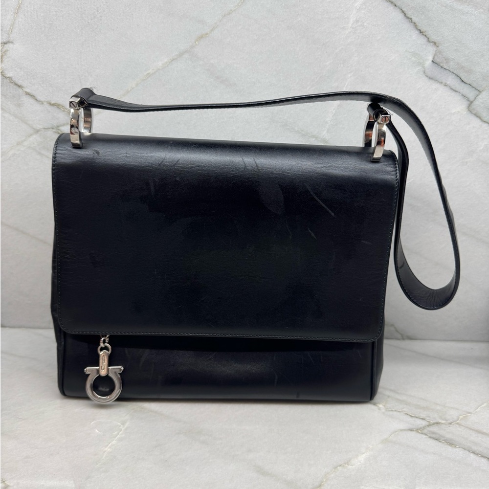 Salvatore Ferragamo Gancini Shoulder Bag in Black Calf Leather